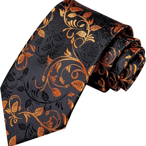 Silk Paisley Necktie and Pocket Square Cufflinks Set Orange Black - Picture 4 of 6